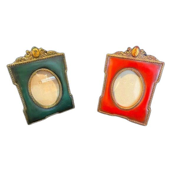Vtg Oval Picture Frames Green & Red Gold Victorian Style Tabletop Easel Back - Picture 1 of 4